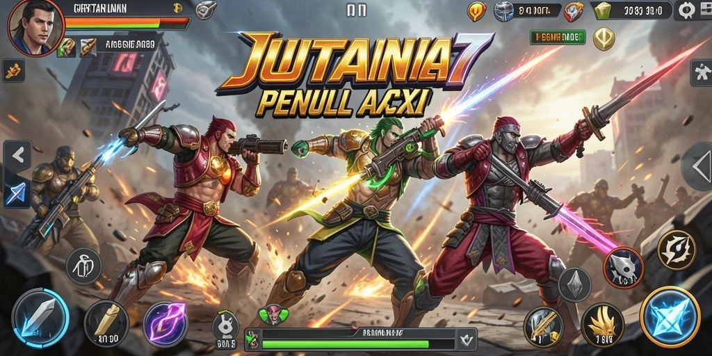 Tampilan utama JUTA7 menampilkan aksi pertarungan yang seru dan karakter yang mengagumkan.